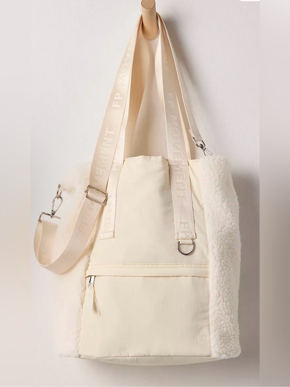 Free People Cream Sherpa Tote Bag with Adjustable Strap